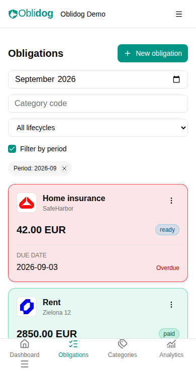 Mobile obligations view showing filters and payment cards
